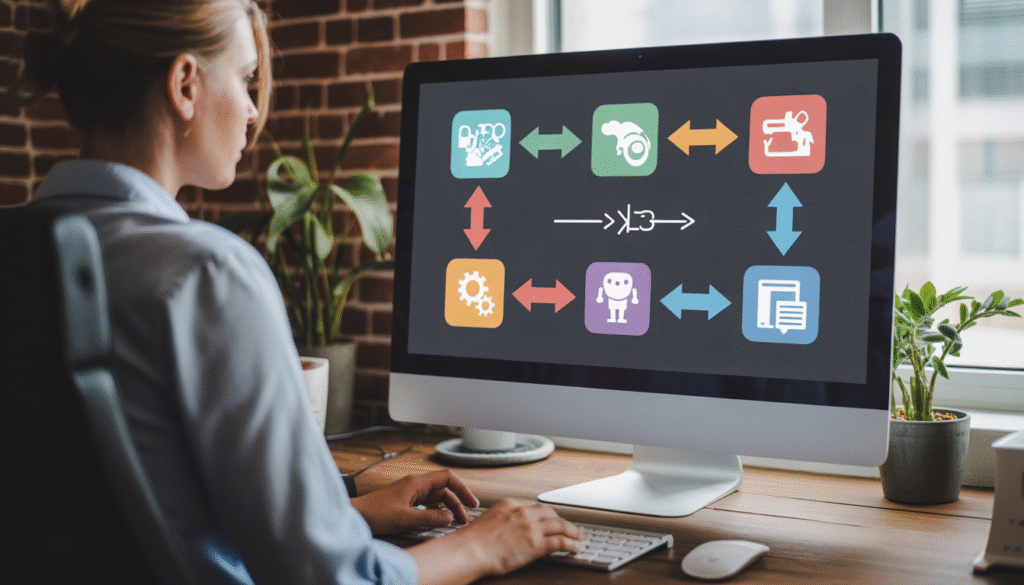 Interface d'automatisation de workflow sur écran avec icônes de robot et engrenages, flèches colorées et arrière-plan de bureau moderne